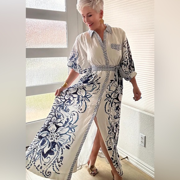 Anthropologie Dresses & Skirts - MAEVE by ANTHROPOLOGIE Irene Linen Button Front Belted Maxi Shirt Dress in Blue